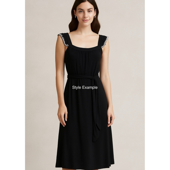 LOFT Outlet Black Midi Dress with Pom Detail Ruffle Sleeves – Size Medium NWOT - Picture 2 of 2